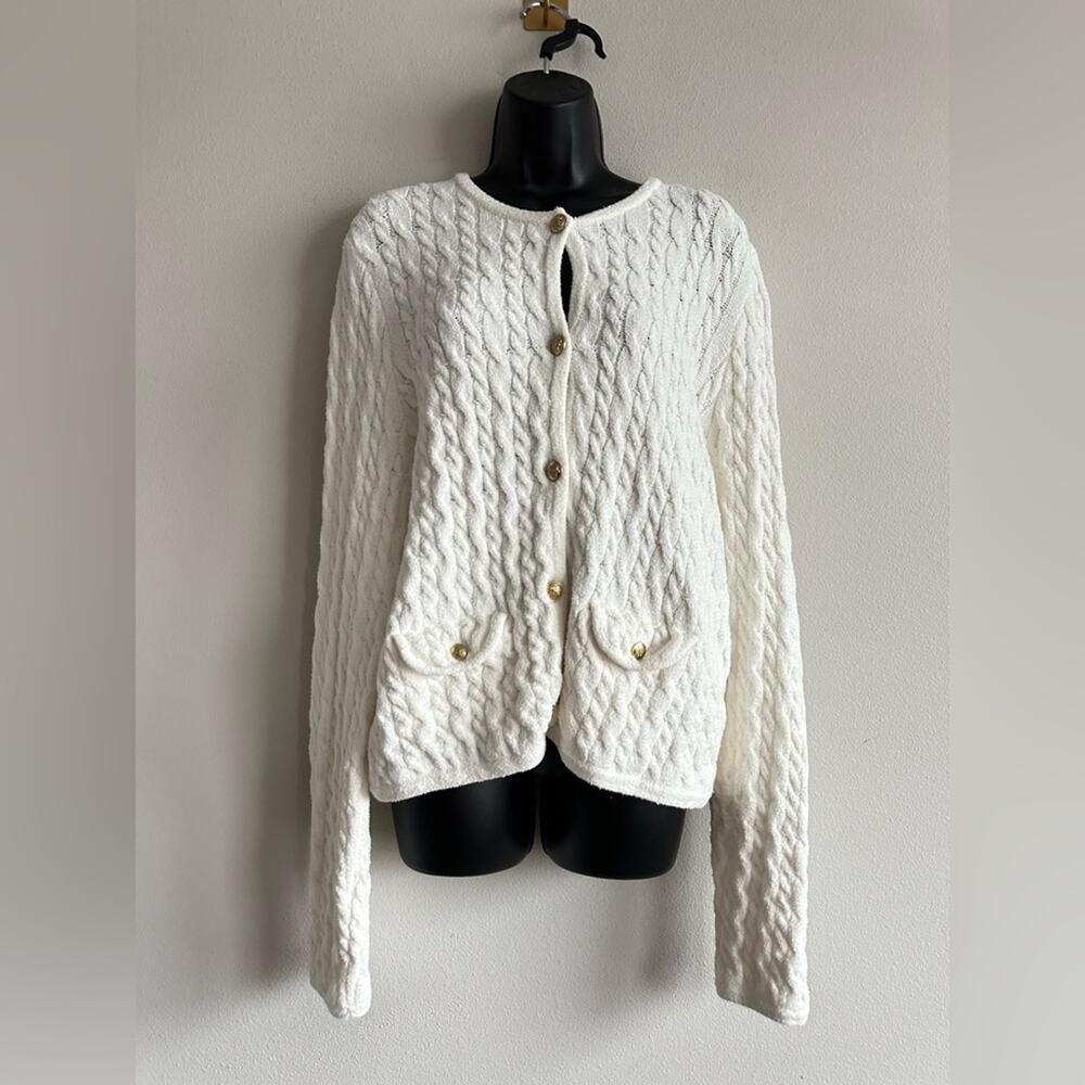 J.Crew Textured Knit White Cardigan | Preppy Gold Button Crest Detail Sweater L